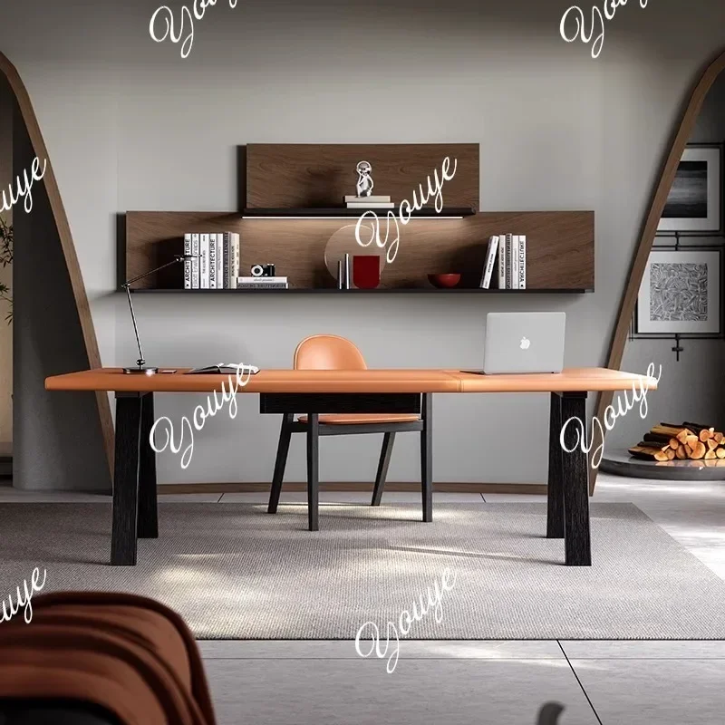 BJ X Italian Minimalist Saddle Leather Solid Wood Desk Walnut Curved Desk Long Calligraphy Home Computer Desk