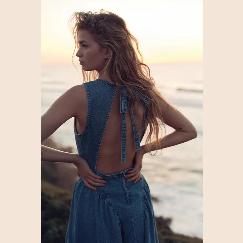 Elegant Backless Lace Up Blue Denim Dress Women Casual O Neck High Waists Sleeveless A Line Dress 2025 Summer Fashion Long Dress