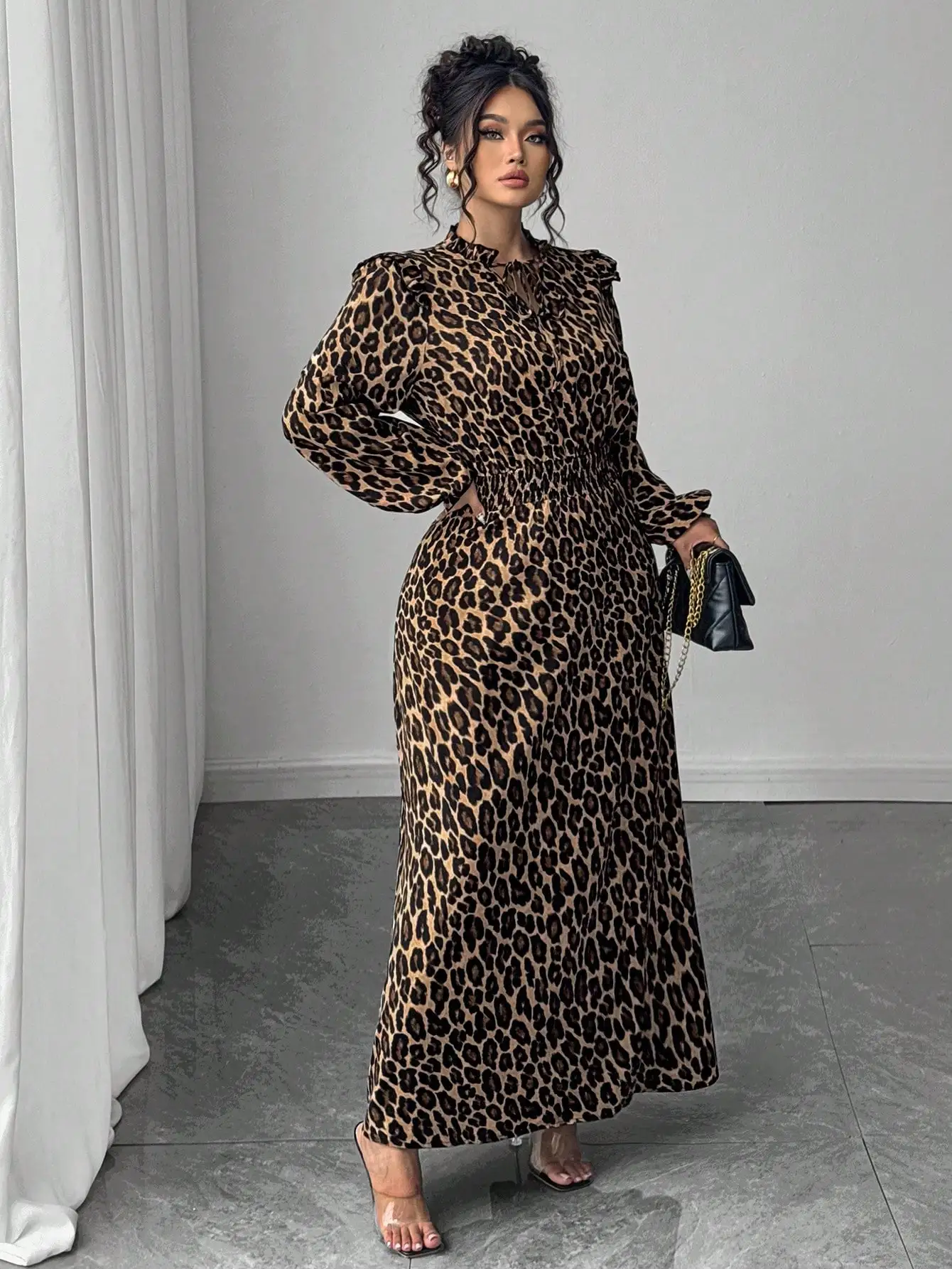 

Elegant Leopard Print Frill Trim Drawstring Neck Lantern Sleeve Maxi Dress For Women