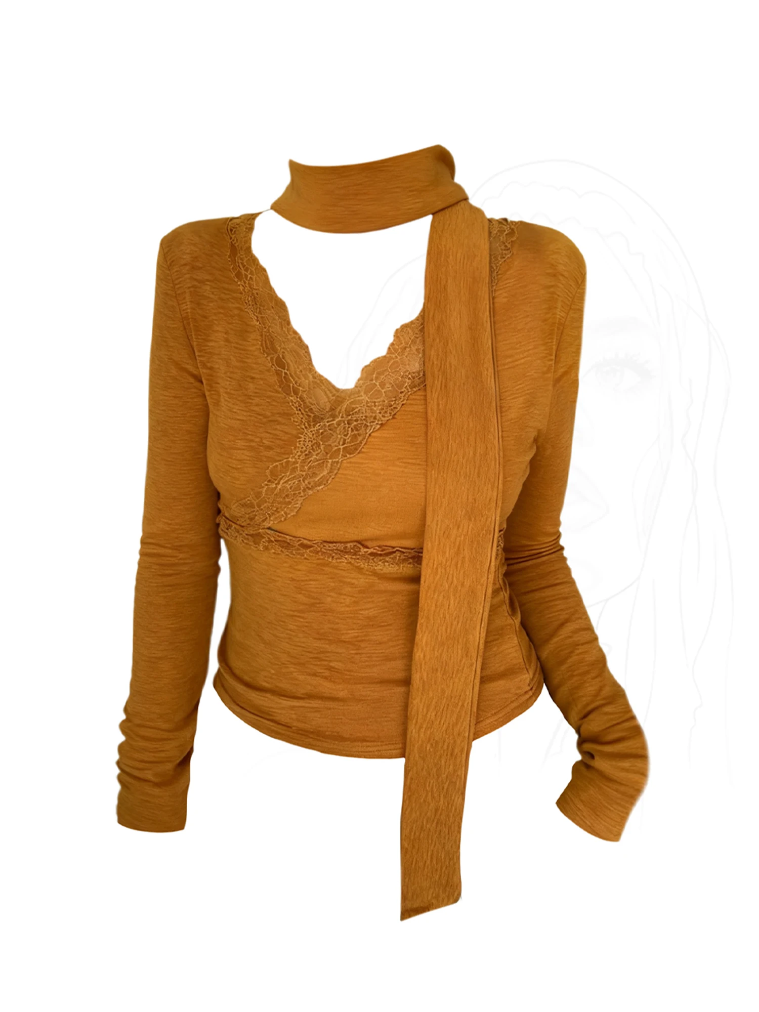 

Women Orange Y2k 2000s Lace Patchwork T-shirt Vintage Harajuku Aesthetic Gyaru V-Neck Tee Top Long Sleeve T-shirts Clothes 2025