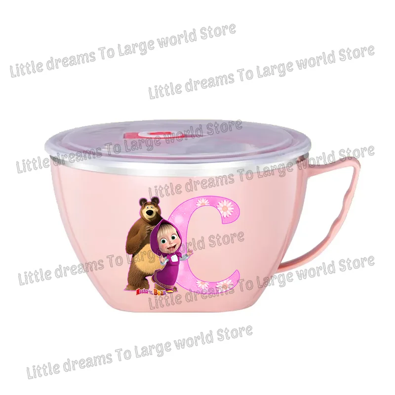 Mashas Bears Stainless Steel Noodle Bowl Insulated Bowls with Lid Anime Letter A-z Lunch Box Home Large Handheld Bowl Girls Gift view 4