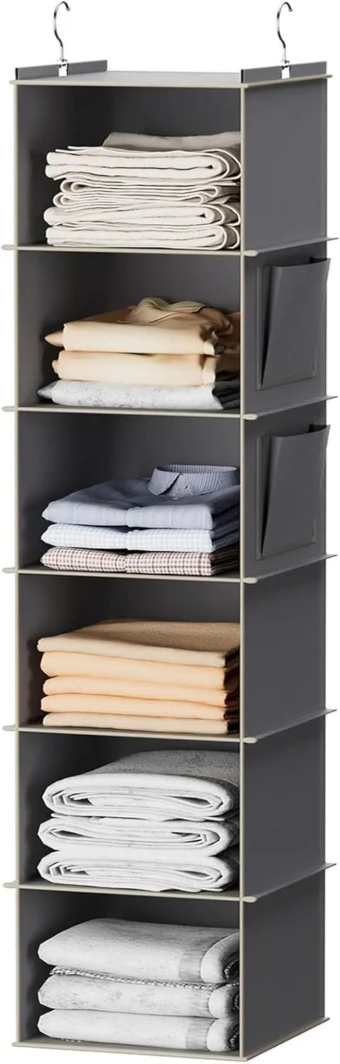 

6-Shelf Hanging Closet Organizer, Sturdy Non-Woven with Bamboo Inserts, Grey