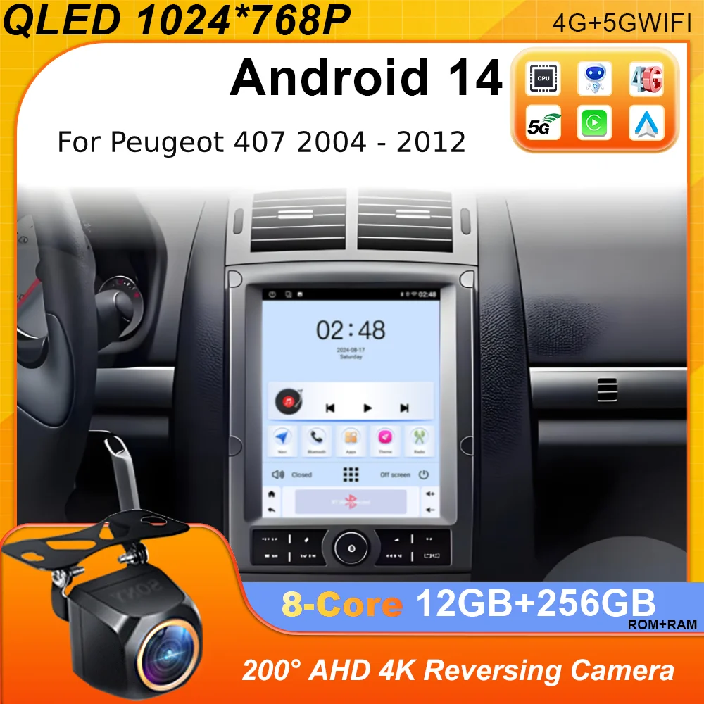 9,7-дюймовый Android 14, беспроводной автомобильный радиоприемник Carplay для Peugeot 407 2004-2008, автомобильный мультимедийный плеер, стерео Wi-Fi, Android, автодисплей