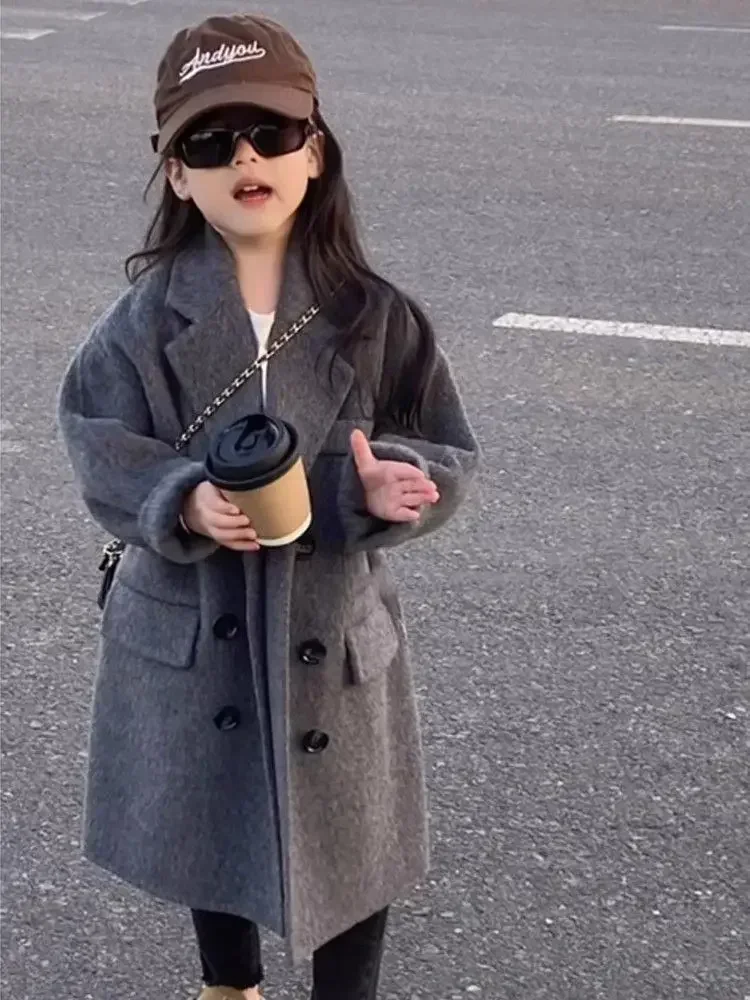 Girls Coat Korea Style Childrens Clothing 2023 Autumn and Winter New Lapel Long Trench Fashion Thickened Double-sided Tweed Coat