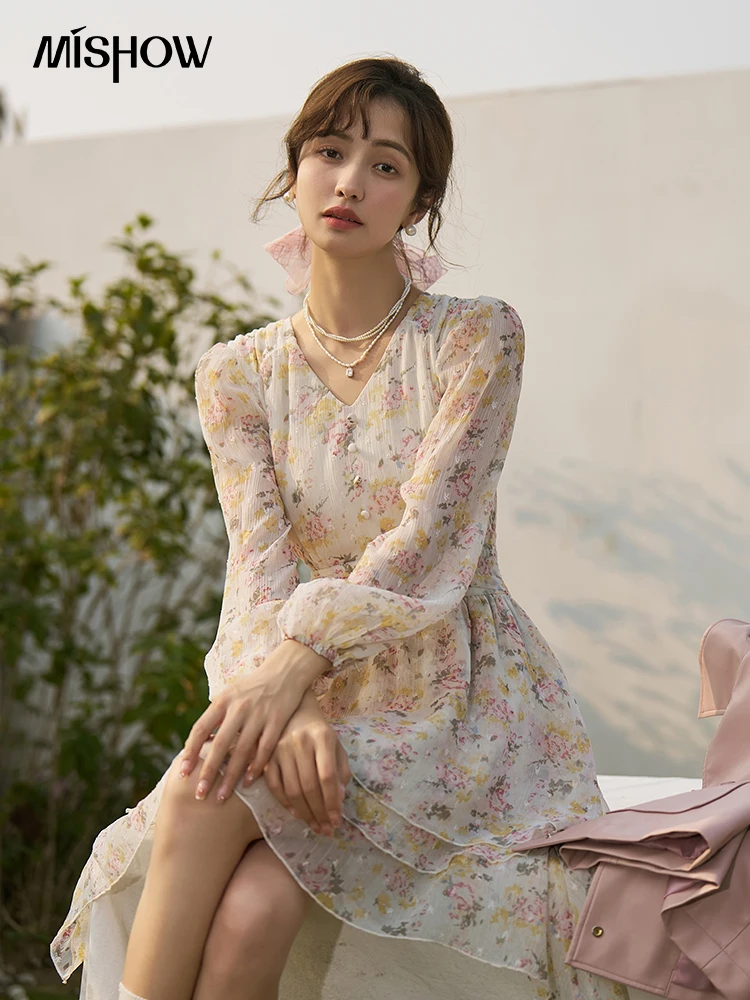 

MISHOW French Floral Dress for Women 2023 Spring Summer Long-sleeved Temperament V-neck Knee-Length A-LINE Dresses MXC13L1266