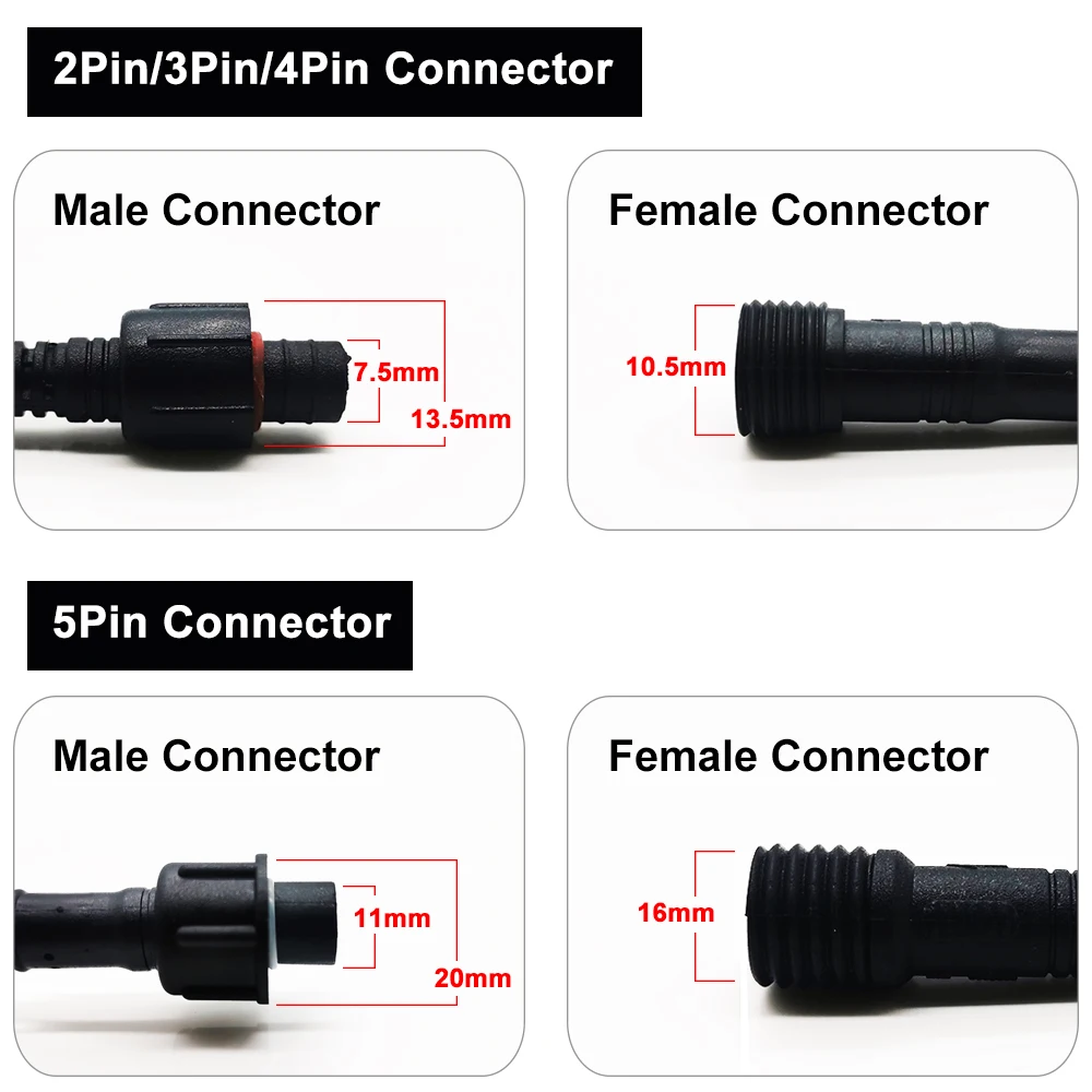 2Pin 3Pin 4Pin 5Pin LED Connector DC Male and Female Waterproof IP68 20cm Black Whtie Transparent Cable 22 24AWG For Strip Light