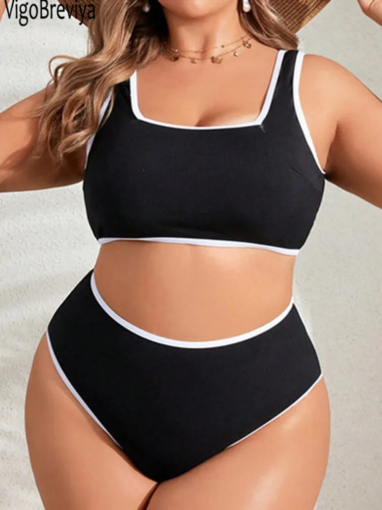 VigoBreviya 2024 Solidne paski 2-częściowe bikini Plus Size Kobiety Wysoka talia Curvy Strój kąpielowy Brazylijska plaża Lady Duży kostium kąpielowy