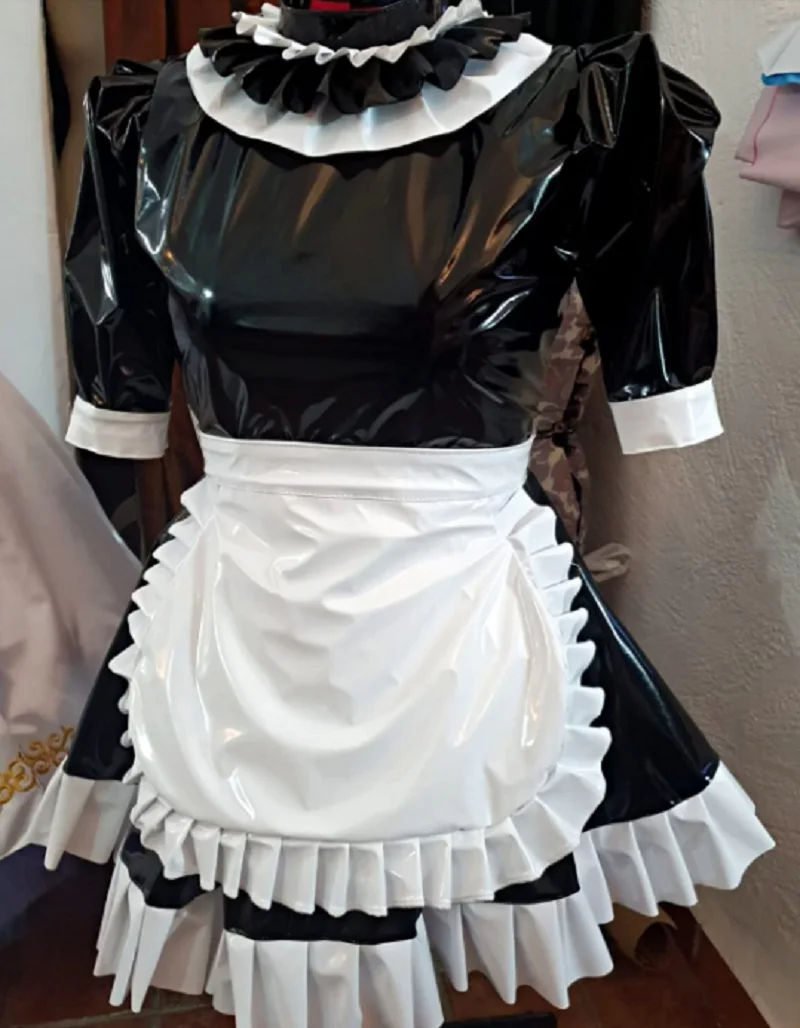 

New PVC Lockable Sissy Dress Black White Independent Apron Lace Middle Neck Fluffy Bubble Sleeve Maid Dress Customization