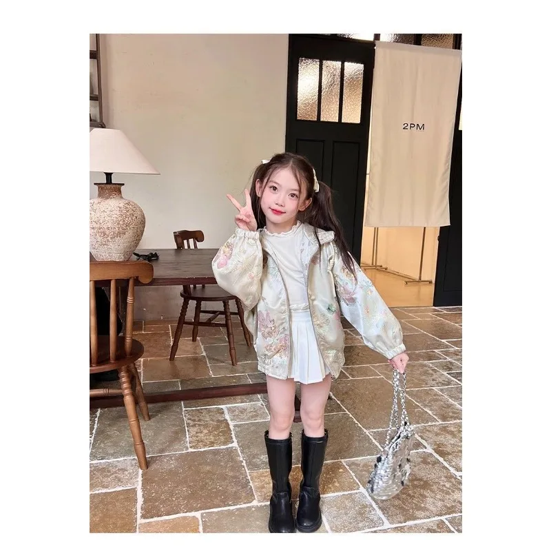 2025 新しい女の子のルーズパーカークリップ春子供のジャカード三次元蝶エスニックスタイル野球シャツジャケット