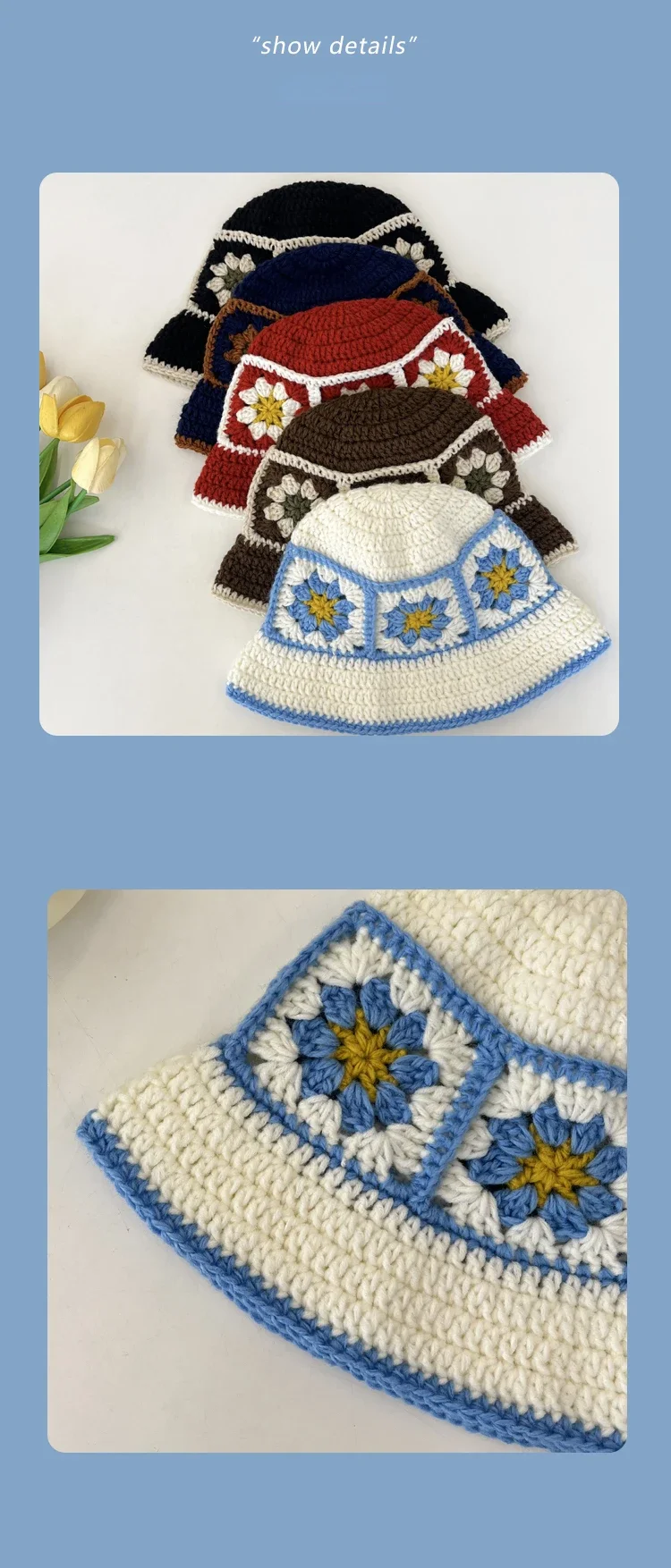 2026 NEU Japanische handgefertigte Blumen- und Karomuster-Häkel-Eimerhüte für Damen, Sommer-Fischermütze mit Farbkombination, gestrickte Strandmütze für Mädchen, Y2k – Detail 16