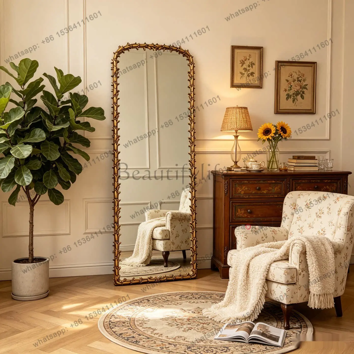 French retro full-length mirror household American porch arched European bedroom carved floor fitting mirror
