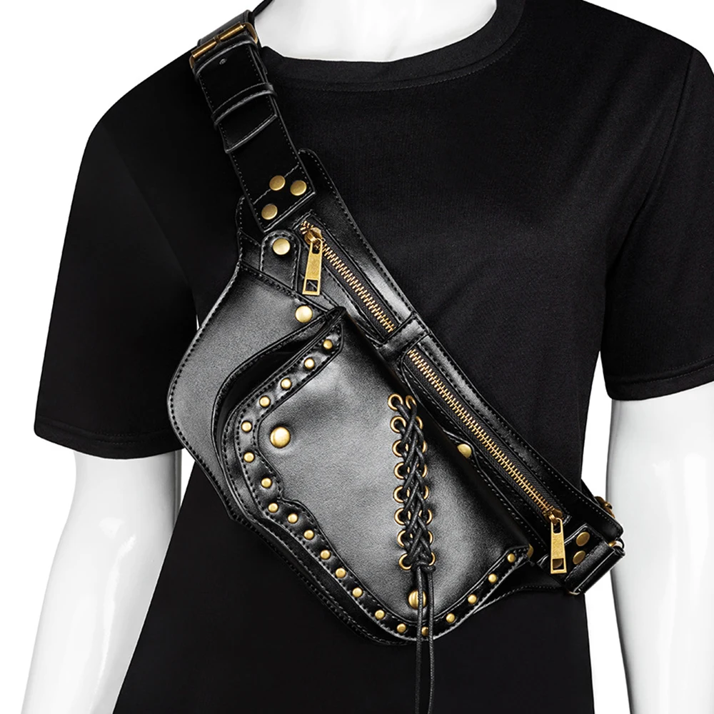 New Medieval Steampunk Retro Waist Pocket Unisex Viking Knight Pirate Cosplay Black Rivet Pu Leather Belt Mini Pouch Bag Props