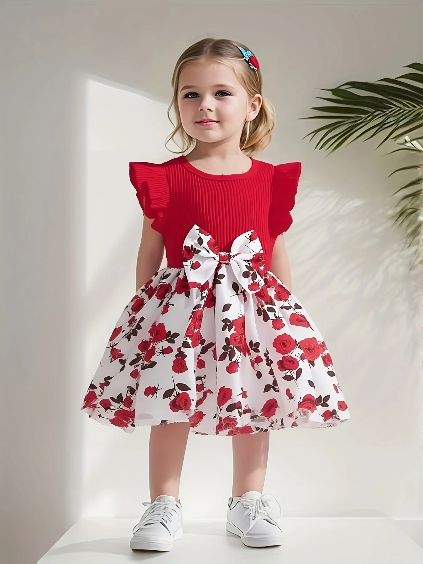 Toddler Girl Red Rose Print Dress: Ruffled Sleeve Ribbed Top + Bowknot Flared Skirt (2-8Y) - Cute Party/Wedding Guest Outfit