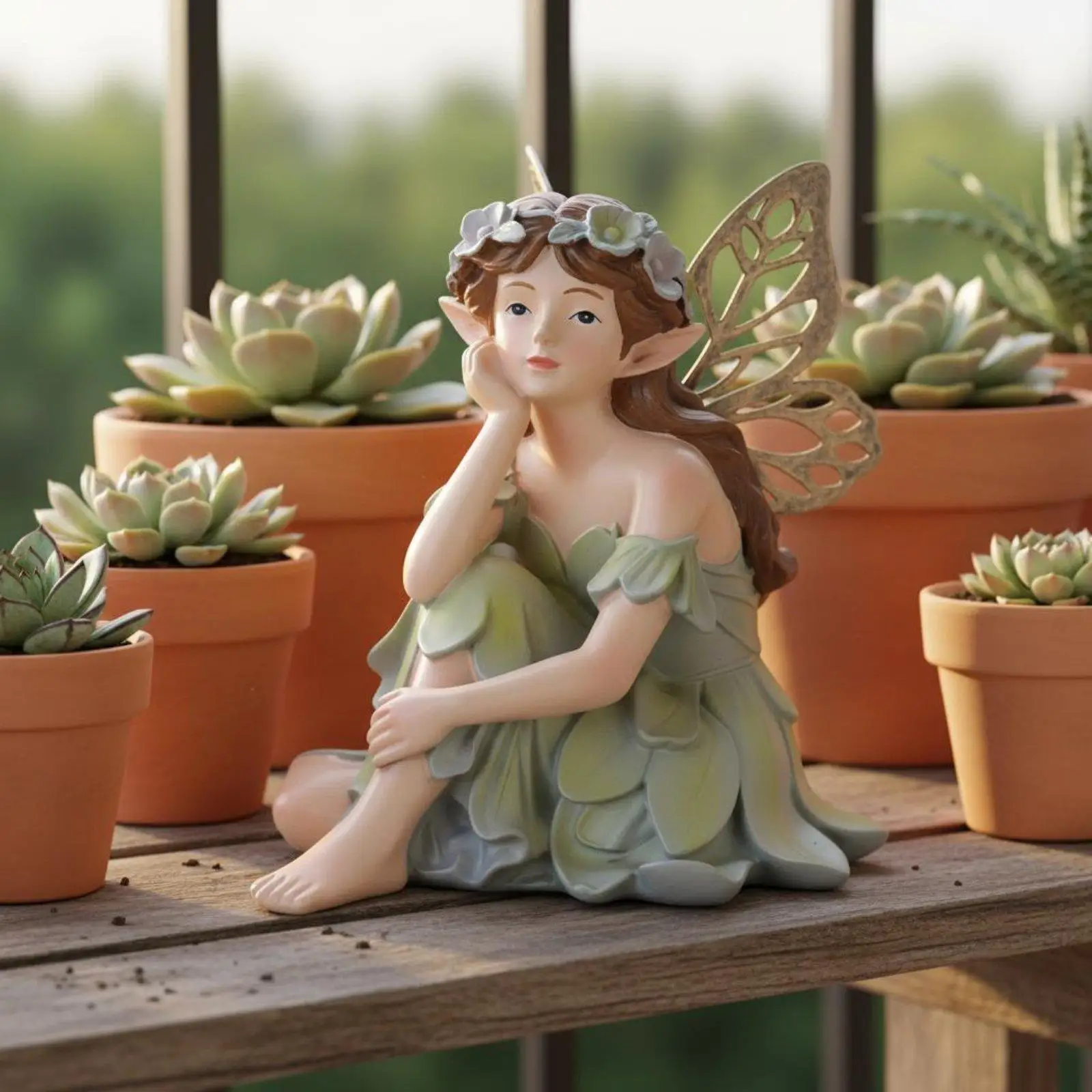 Resin Sitting Fairy Figurine Antique Elf Girl Statue for Garden Decoration Outdoor Patio Accent Home Bookshelf Miniature