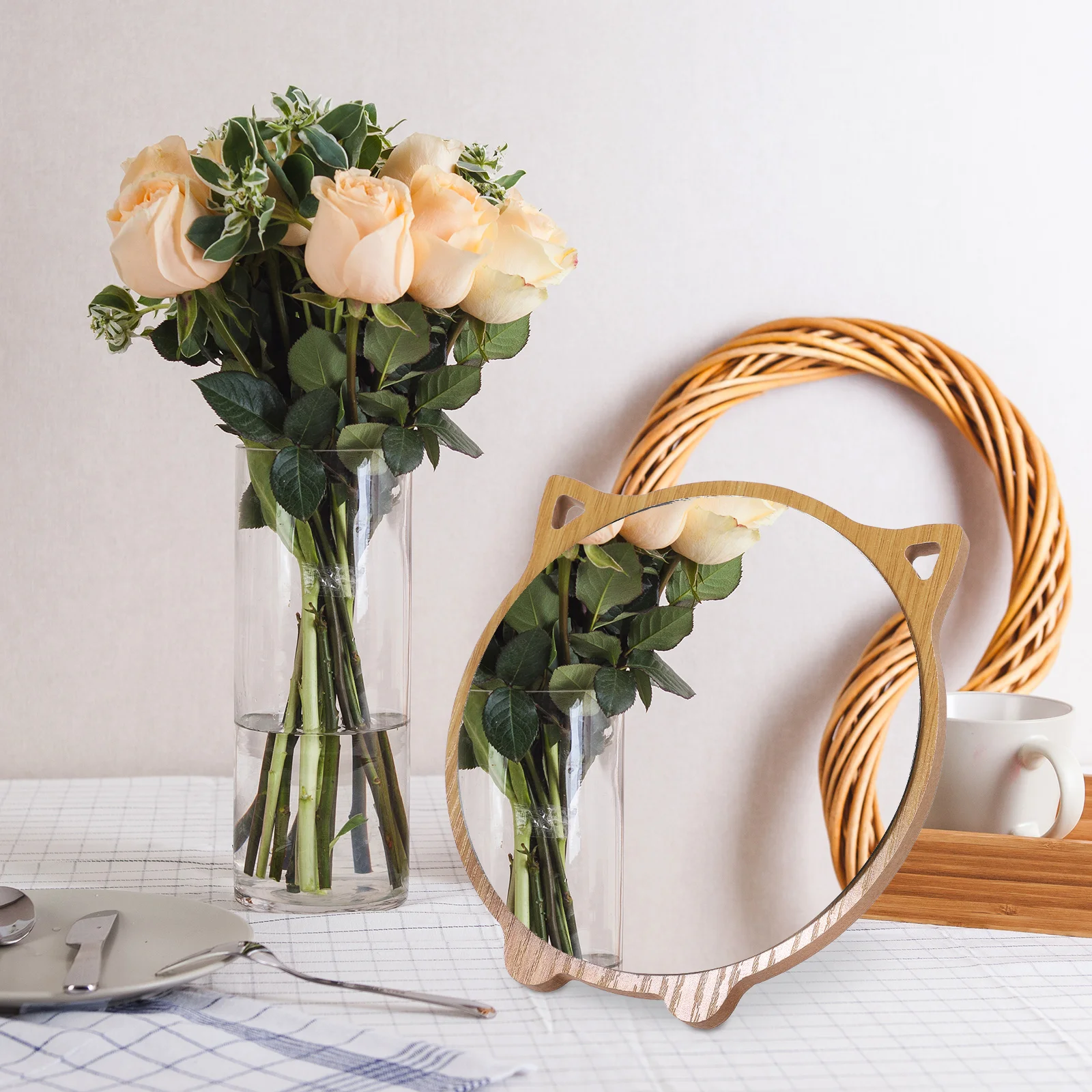 

1Pc Wooden Makeup Mirror Cat Design Scratch Resistant Desktop Mirror for Dressing Table Girls Women