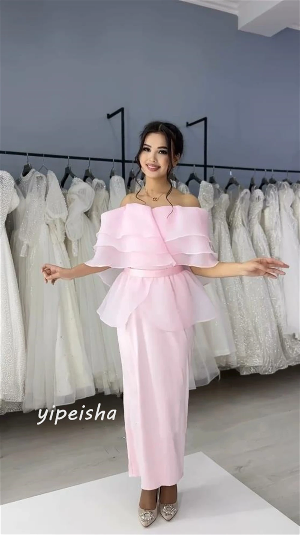 Organza gaun Midi pertunangan lipit, gaun acara Off-the-shoulder Bespoke A-line