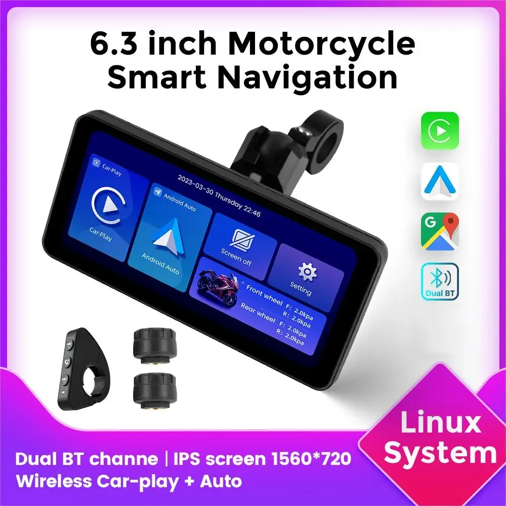 

6.3inch Portable Wireless CarPlay Motorcycle GPS Android Auto Airplay Display IPS Screen Moto Monitor Dual BT Optional TPMS SWC