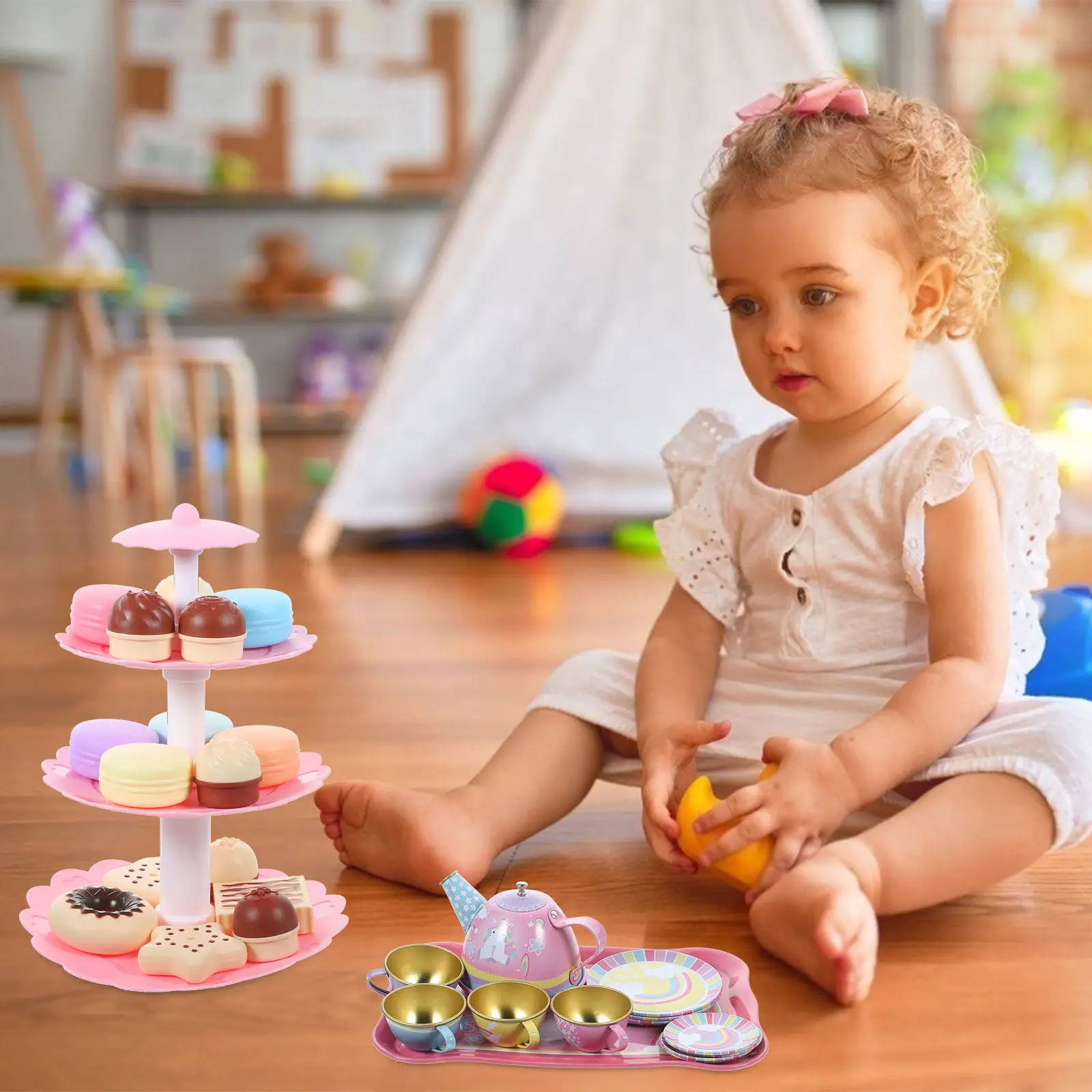 

1Set Simulation Tea Set Cartoon Tin Pretend Play Tea Party Set for Little Girls Kids Role Skills Kids Toy