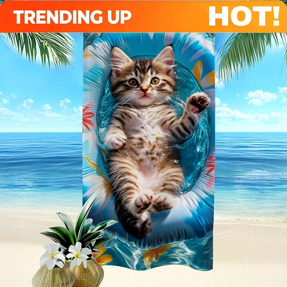 Customize Cute Kitten on Inflatable Floater Beach Towel: Fun in the Sun! Suitable for towels, bath towels, beach towels