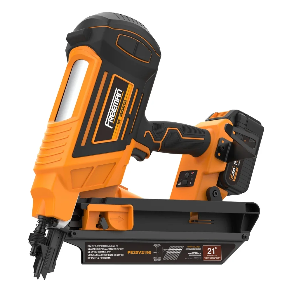 Freeman LD2190 Brushless 21 Degree 90mm Electric 20V Li-ion Battery Powered First Fix  Cordless Framing er for Wood