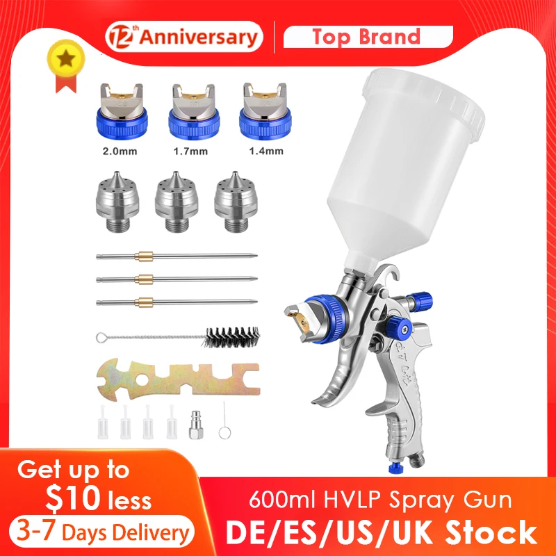 EU US Ready Stock HVLP Spray Gun Painting Gun 600ml 1.4/1.7/2.0mm Nozzle Size Waterborne Paint Use for Car Paint Spray Guns