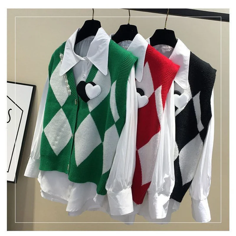 Primavera otoño moda mujer Argyle Chic Beads cuello en V una sola botonadura Y2K Street Knitted Sweater Vest Casual Waistcoat Top Mujer