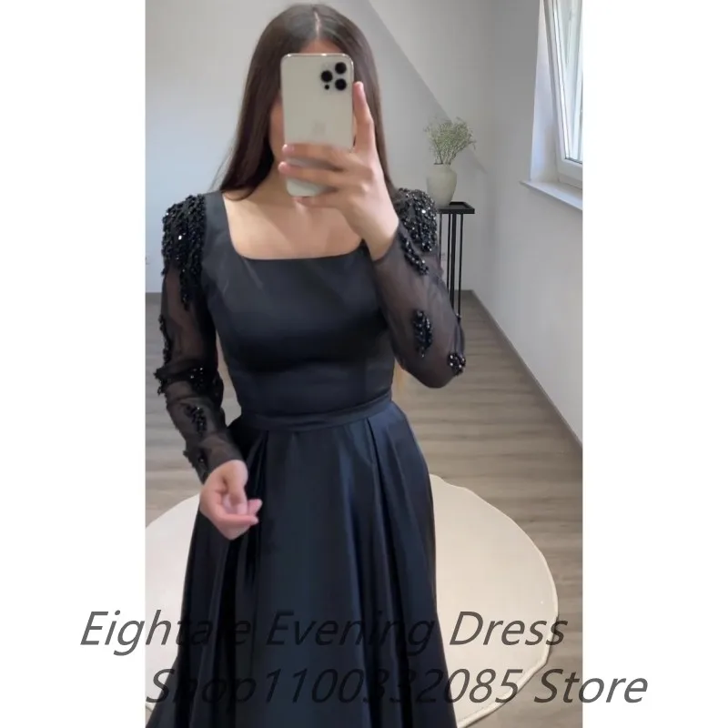 Eightale Black Long Sleeve Square Neck Evening Dresses Side Slit Dubai A-Line Celebrity Formal Party Gown Satin Prom Dress