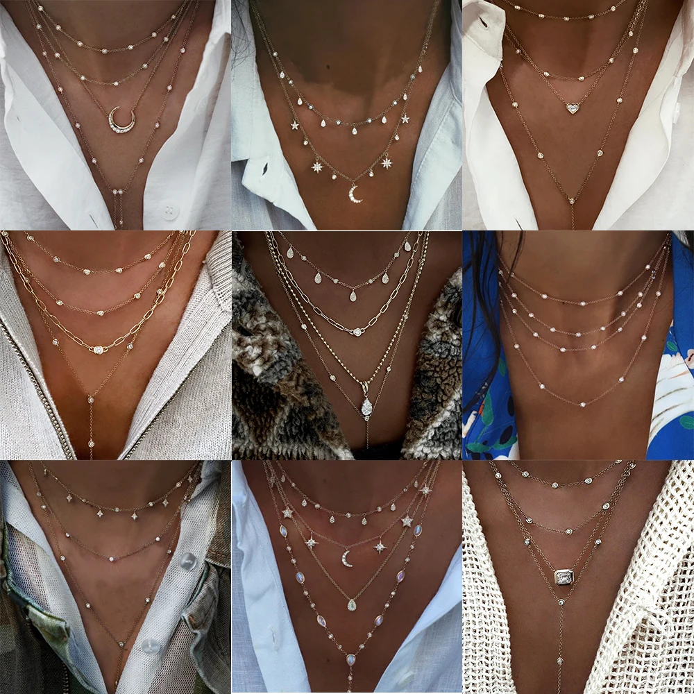 

Bohemia Multi-layer Crystal Pendant Necklace For Women Gold Color Vintage Necklaces Geometry Multiple Styles Chokers Jewelry Gif