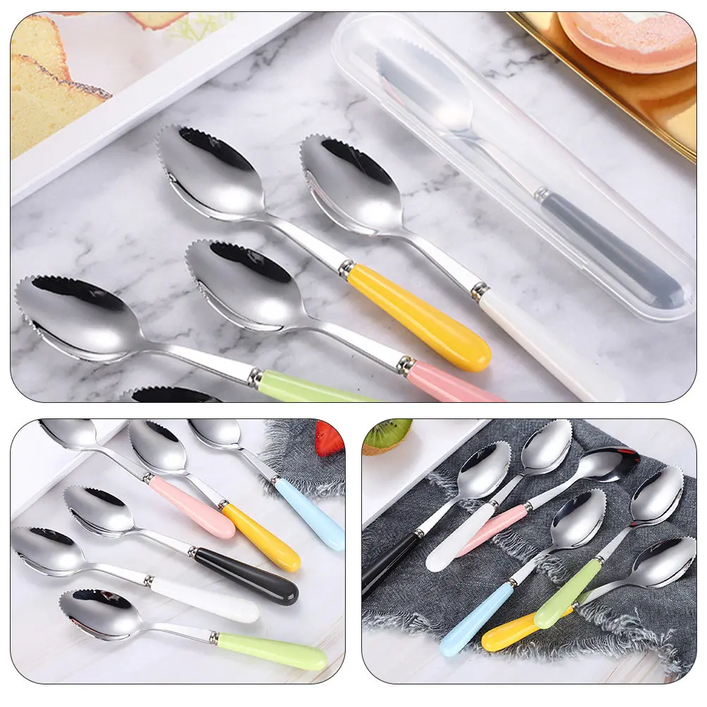 6Pcs Multipurpose Serrated Fruit Scoop Spoons Mirrored Finish Rust-Proof Nonslip Household Baby Feeding Tools for