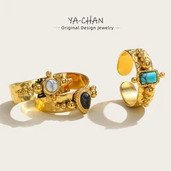 YACHAN Luxury 18K Gold Plated Stainless Steel Rings for Women Black White Blue Natural Stone Trendy Vintage Aesthetic Jewelry