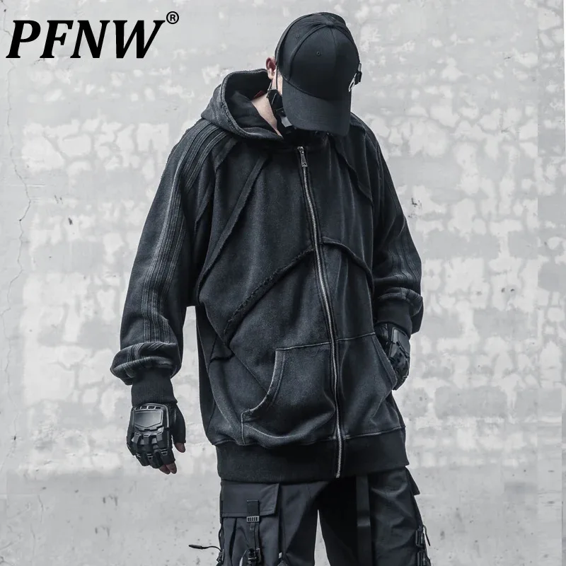 PFNW Men's Sweatershirt Dark Style Washed Worn-out Stripe Big Pockets Hoodede Patchwork Male Hoodies New Autumn 2024 12Z6250