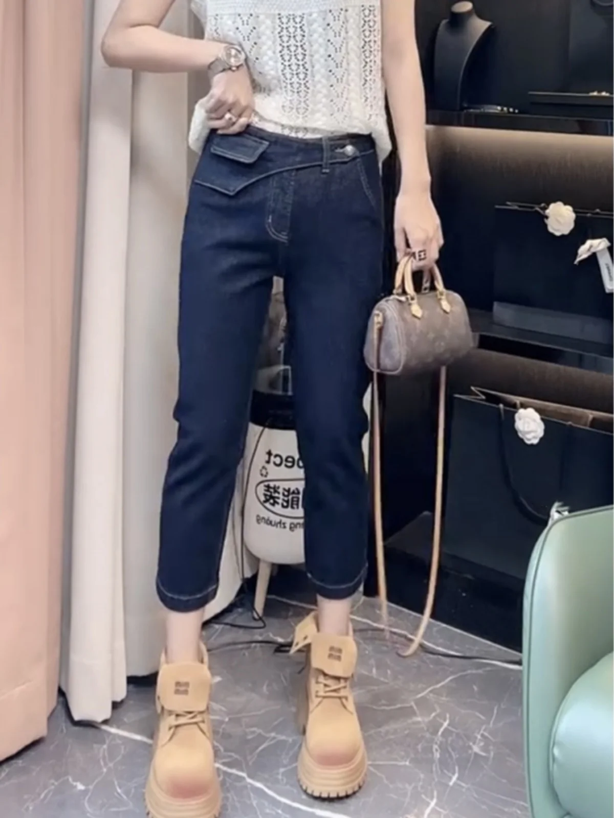 

Deep Blue High Waist Slim Fit Women's Pencil Jeans Elastic Waisand Autumn Faion plus Size Small Footprint Denim Pants