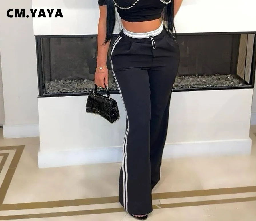 CM.YAYA Fashion Women Drawstring Pocket Side Wide Leg Loose Jogger Pants 2024 Active Ribbon Striped Splicing Sweatpants Trousers