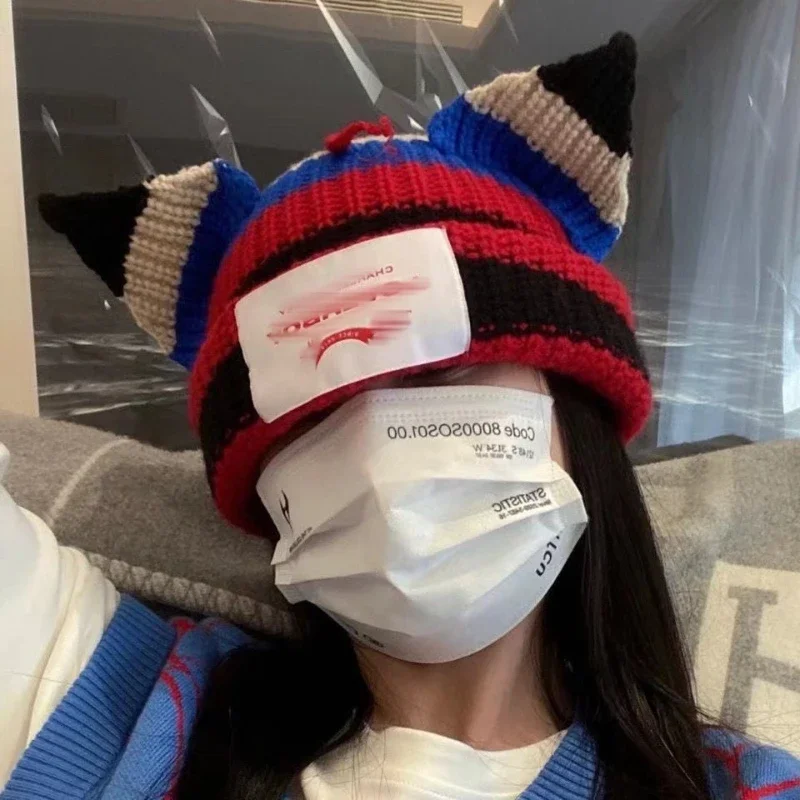 2025 عاشق القط الأذن محبوك قبعة الصلبة قبعة تدفئة لطيف موضة مقنعين قبعة المتخصصة تصميم الهيب هوب شخصية الباردة قبعة #1