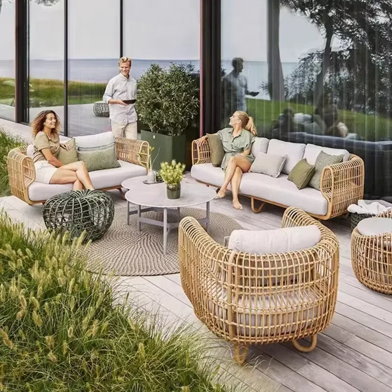 Outdoor Sofa Double Rattan Hotel Courtyard Waterproof Sun Protection Guest House Leisure Rattan Chair Coffee Table Set