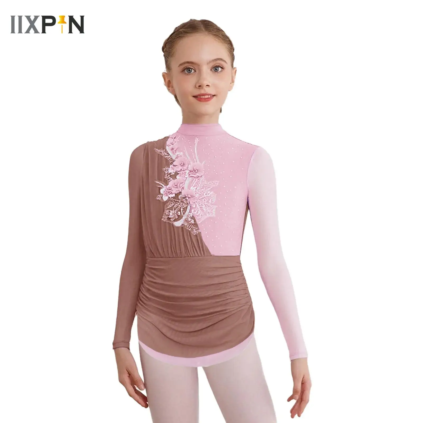 

Girls Rhinestone Applique Gymnastics Artistic Figure Skating Ballet Lyrical Dance Performance Sheer Mesh Dance Leotards Dress