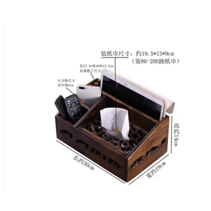 Solid Wood Multifunction Tissue Box Retro Living Room Coffee Table Desktop Tray Creative Household Hollow Napkin Storage Box