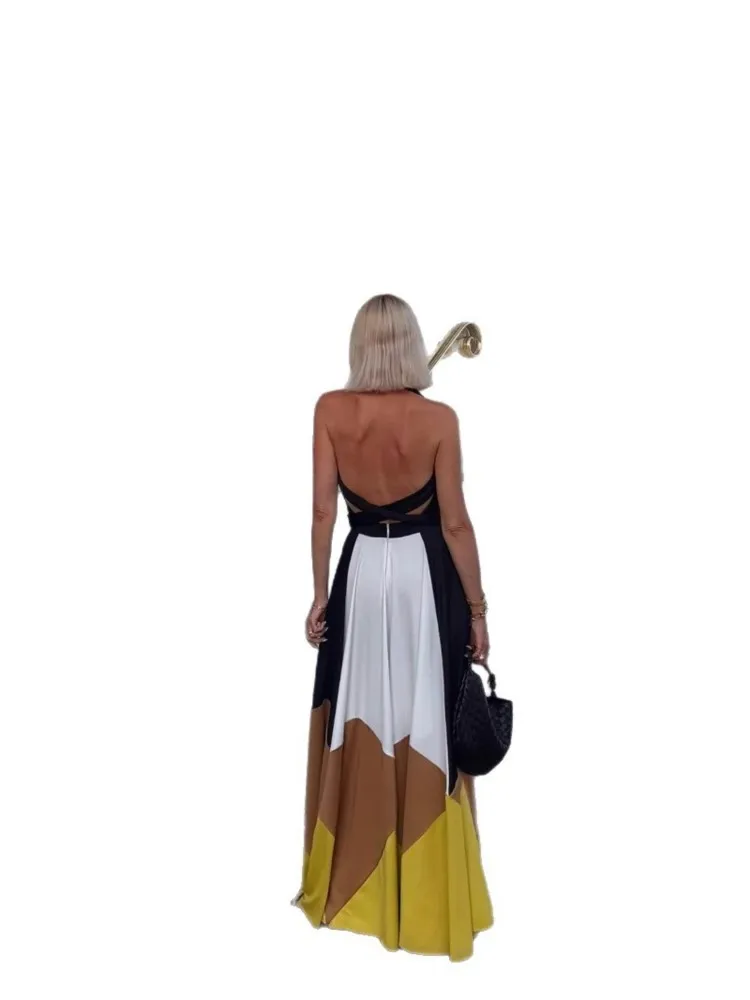 Abito estivo con gonna lunga sexy senza schienale con lacci color block New Fashion Elegnat Casual Boho Dress per le donne Robe Femme