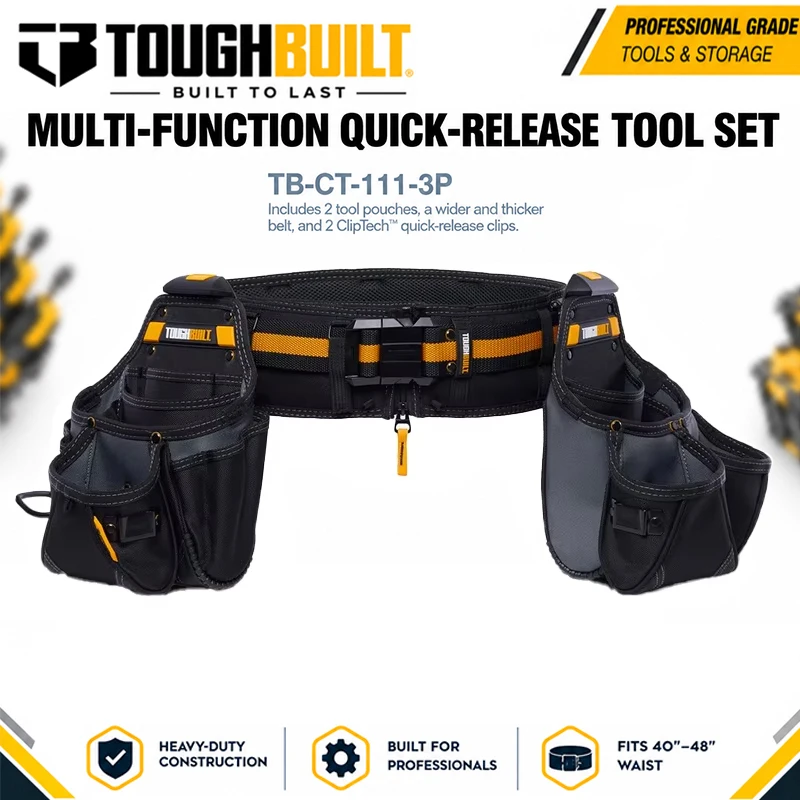TOUGHBUILT TB-CT-111-3P 3PCS Multi-Function ClipTech™ Tool Pouch Set, 2 Large Tool Pouches + Wide Waist Belt for Construction