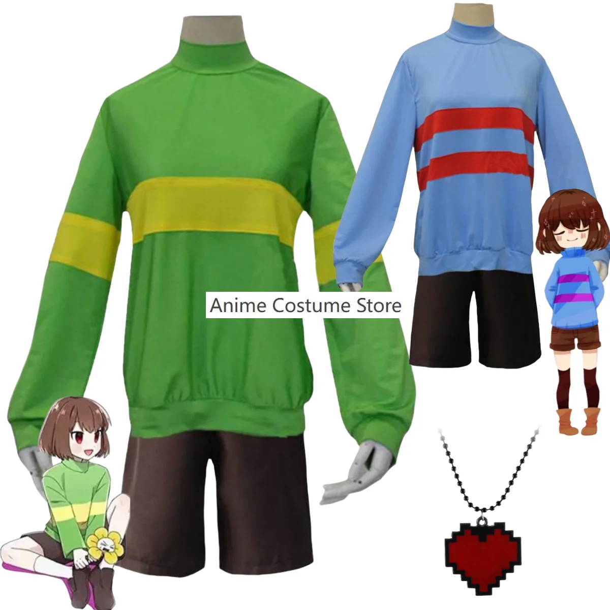 Disfraz de Anime Undertale Frisk Chara para hombre y mujer, camiseta de manga larga a rayas, collar de uniforme, traje de Halloween y Navidad