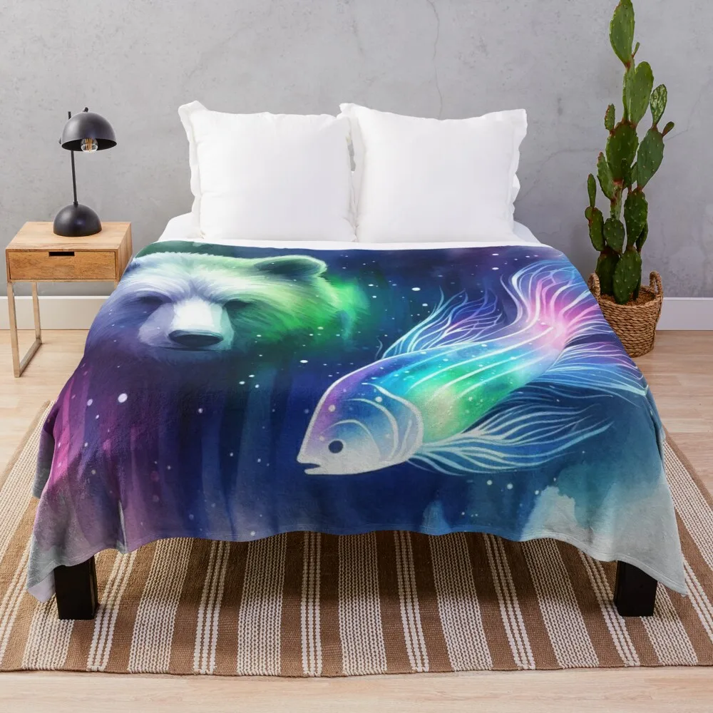 Dreamscape of the Wilderness Bear and Neon Fish Throw Blanket Camping for winter Decorative Sofa Blankets