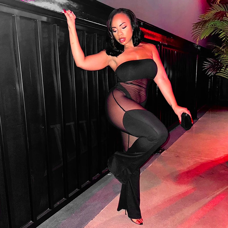 CUTENOVA 2025 春と夏の新女性のセクシーなシースルーバストスリムパッチワークフレアパンツジャンプスーツナイトクラブパーティー着用