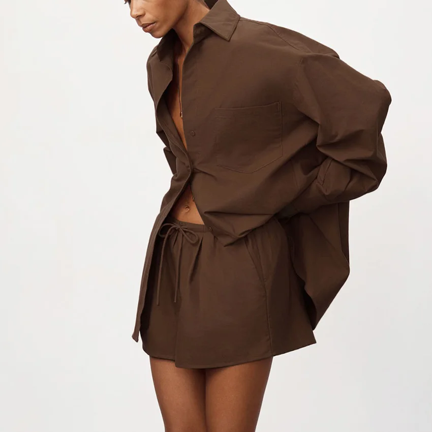 Linad مكتب سيدة التلبيب قمصان الدعاوى مع شورت عالي الخصر 2 قطعة مجموعات النساء الشارع شيك براون الحد الأدنى وتتسابق 2025