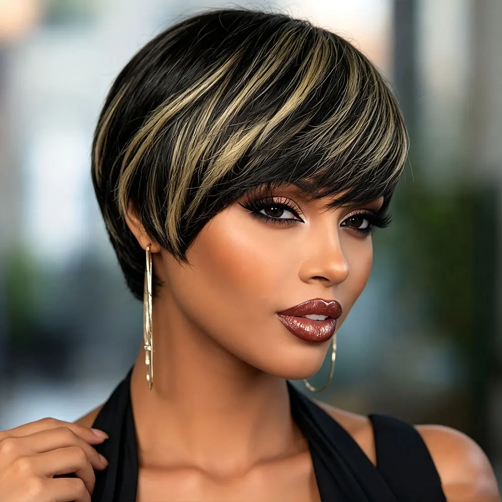 Short Pixie Cut Human Hair Wig for Women, Short 1B/27 Colors Straight Pixie Cut with Bangs, Full Machine Made Elastic Cap