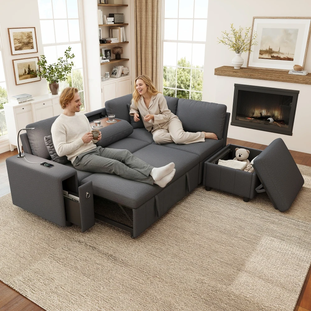 Sofá Esquinero Extraíble en Forma de L Moderno, con Taburete de Almacenamiento y Mesa de Centro Plegable, Puerto USB y Tipo-C, Lámpara de Lectura y 2 Almohadas