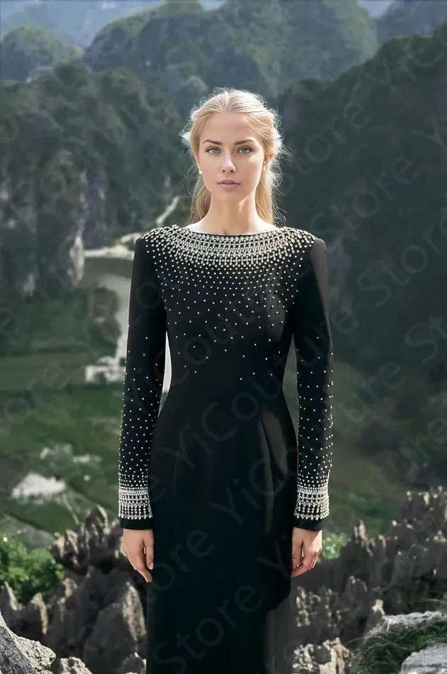 Sukienki wieczorowe w stylu vintage z arabskimi motywami, czarne sukienki na studniówkę, sukienki na przyjęcia z długim rękawem, zdobione koralikami sukienki dla gości weselnych z odkrytymi plecami.