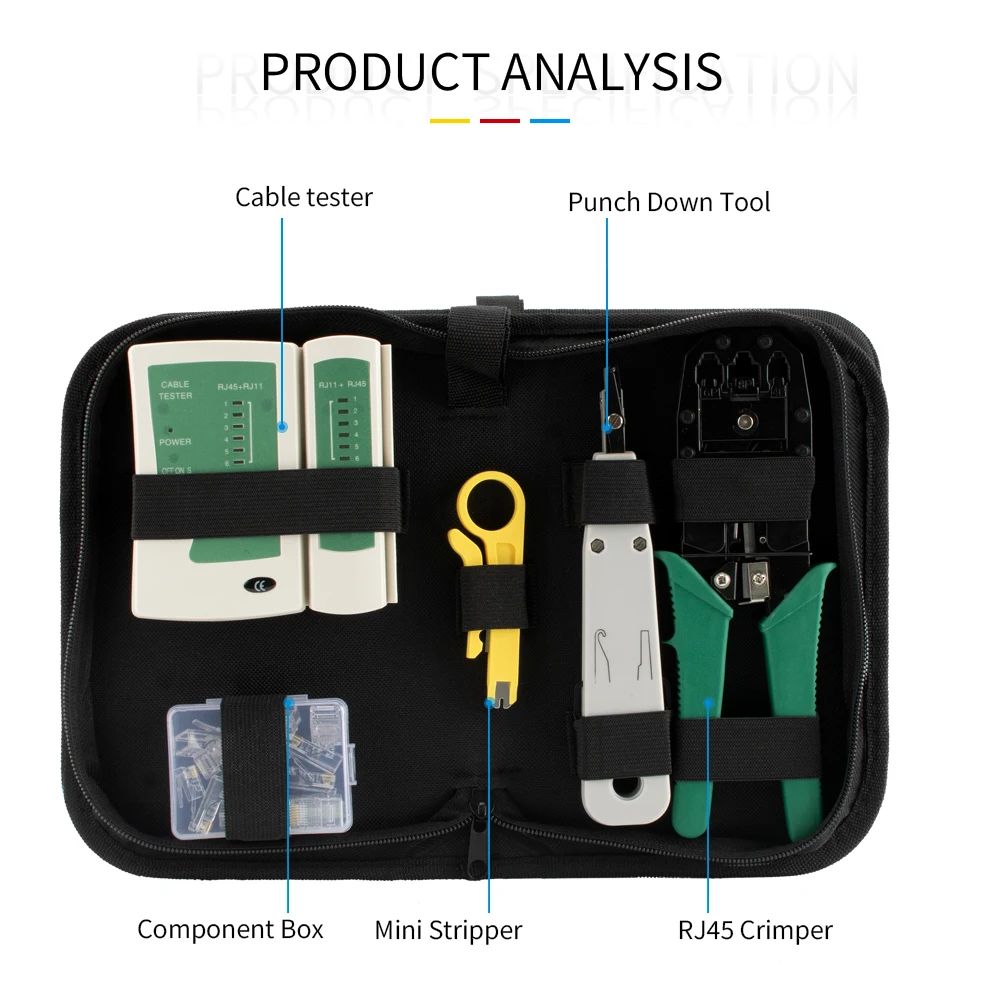Network Tool Kit Cat5 RJ45 Crimper 8P6P4P Ethernet Cable Tester Punch Down Tool Wire Stripper Modular Plugs Tool Bag