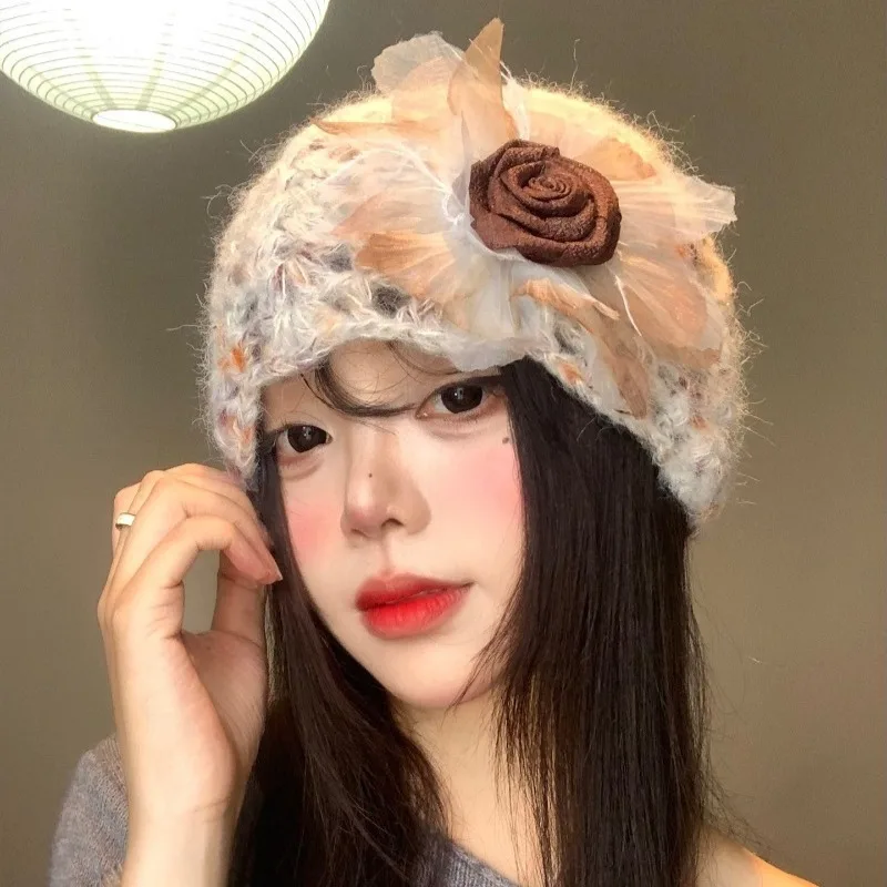 Korean Style Three-dimensional Flower Hollow Knitted Hat for Women Autumn and Winter Travel Dome Mixed Color Skull Beanie Caps