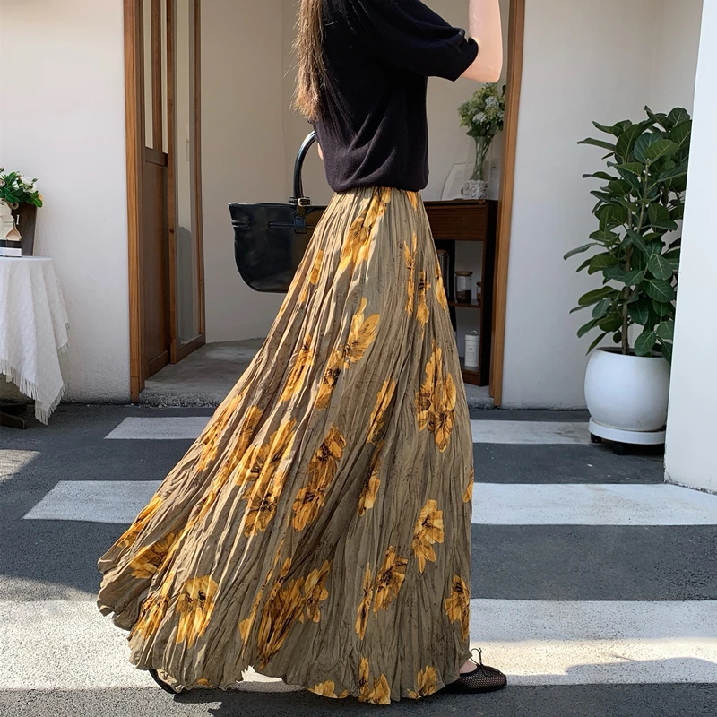 Retro Forest System Loose Long Skirt Women's High Waist Pleated City Commute Polyester Fiber Yellow Flower Atmosphere Skirt
