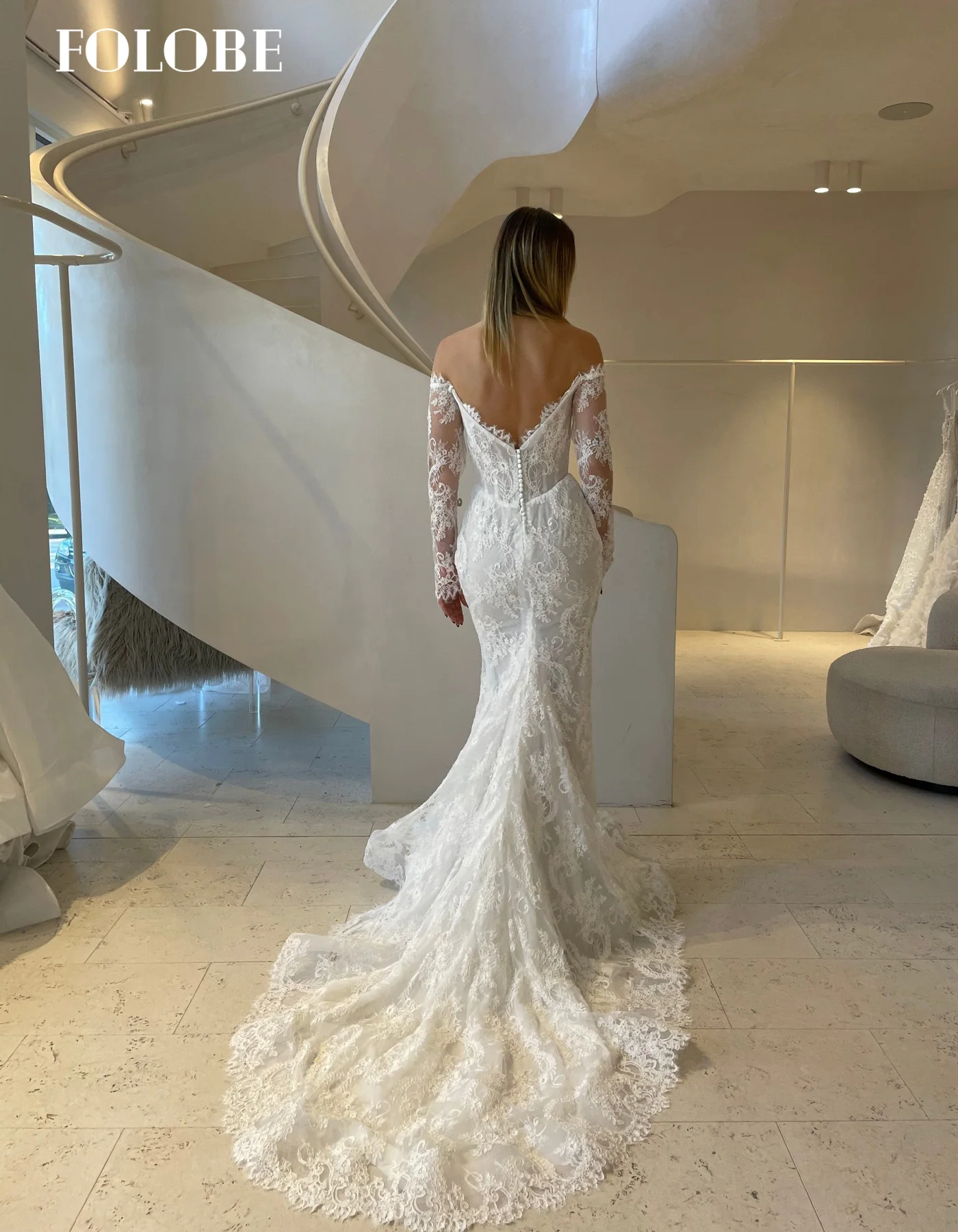 FOLOBE dentelle épaules dénudées sirène avec manches longues balayage étage robe de bal de mariée robe de mariée robes de noche personnalisé